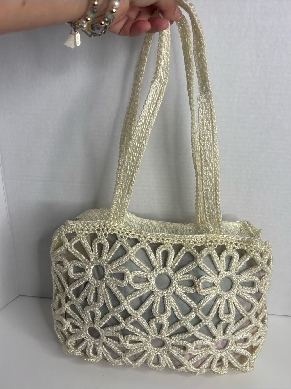 Cream Floral Crochet Tote Bag with Double Straps